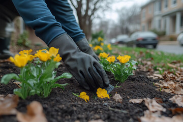 Spring yard cleanup in April with vibrant yellow flowers being planted in a residential area