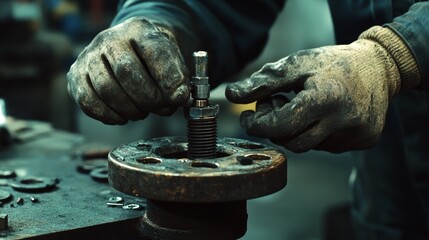 Calloused hands in gloves meticulously repair industrial equipment, embodying precision and dedication, set in a workshop backdrop.