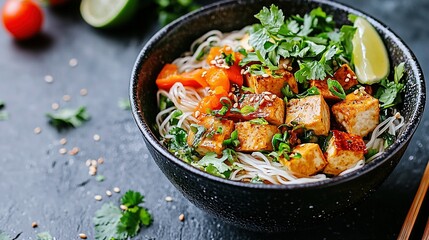   A bowl of noodles with tofu, carrots, cilantro, and parsley