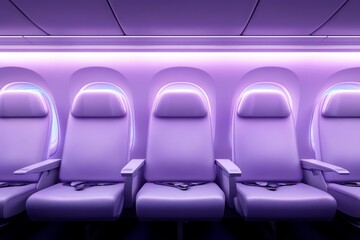 Inside an Airplane Cabin: Modern Aircraft Interior with Rows of Seats and Ambient Lighting for a Comfortable Flight Experience