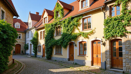 Fototapeta premium Medieval European timber-framed village street with ivy-covered houses and cobblestone path