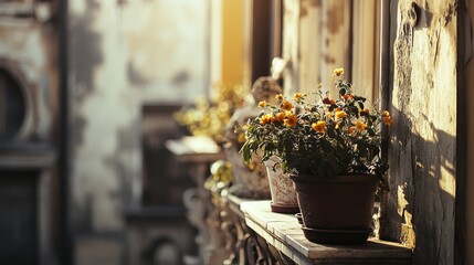 Fototapeta premium Sunlit balcony adorned with vibrant marigolds, casting soft shadows and evoking a serene, morning ambiance in a European setting.