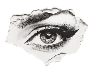 Collage art with dramatic eye detail showcases intricate design and unique texture