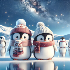 Adorable penguins wearing winter hats and scarves