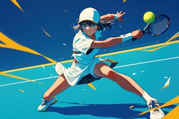 Female tennis player hitting a ball with her racket in motion