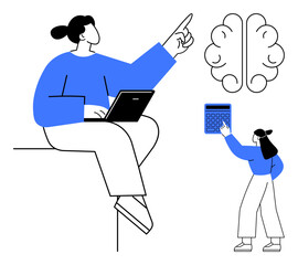 Woman with laptop pointing towards brain illustration, another using calculator. Ideal for teamwork, ideas, brainstorming, problem-solving, technology, education productivity. Flat simple metaphor