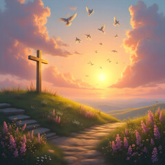 Sunrise over hilltop with cross and doves
