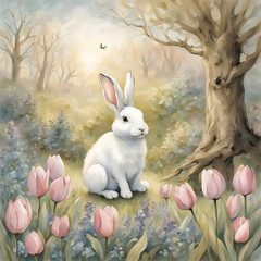 Bunny amidst tulips on a bright spring morning