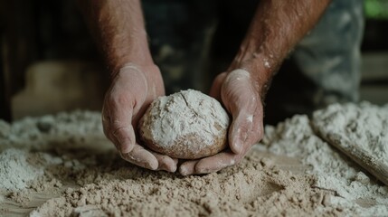 Hands gently cradle a freshly baked bread loaf amidst scattered flour, capturing the essence of rustic craftsmanship and culinary artistry.