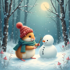 Hamster playing with snowman under moonlit winter sky