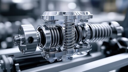 Fototapeta premium A chrome-clad car shock absorber, its protective spring nestled close to its heart, stood as a symbol of automotive resilience and the intricate workings of a powerful engine, ready to absorb the