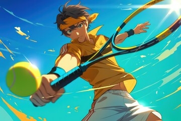Animated tennis player preparing to serve the ball on a sunny day