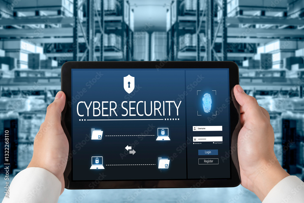 Poster cyber security system on computer screen protect private information snugly from hacker and cyber at