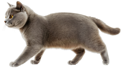British Shorthair Cat Walking Full Body Profile Isolated Gray Plush Fur
