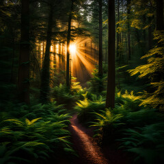 Sunlight filtering through trees in dense, verdant forest