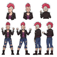 Naklejka premium Punk character design showcasing different poses in detailed vector art