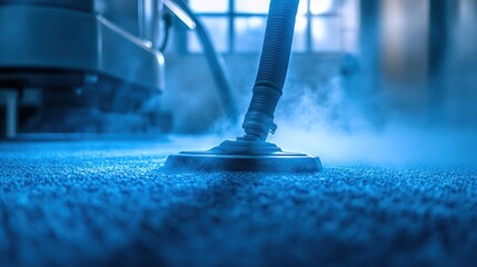 Steam cleaning carpet, close-up of machine nozzle emitting steam.