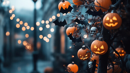 Halloween night decorations with jack-o'-lanterns and bats