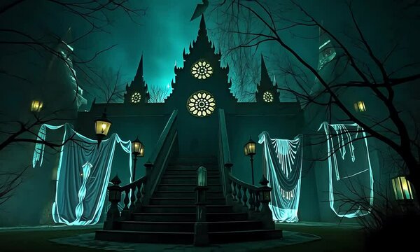   a spooky clock tower  and  a staircase  in the game  The Medium
