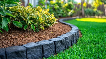 Landscaped garden bed with stone edging separating lawn and plants