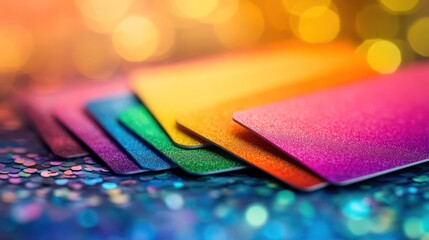 Colorful credit cards on glittery surface.