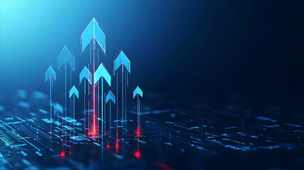 Blue Glowing Arrows Emerging From Circuit Board In Dark Digital Landscape With Red Accents Symbolizing Technological Growth