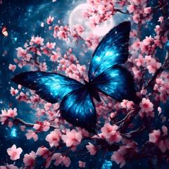 Enchanting butterfly amidst cherry blossoms under moonlight