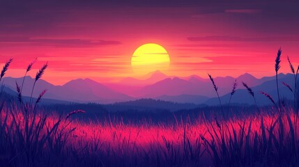 Fototapeta premium Vibrant sunset over silhouetted mountains and tall grass. (1)