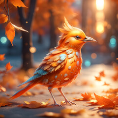 Vibrant bird in autumn forest capturing sunlight