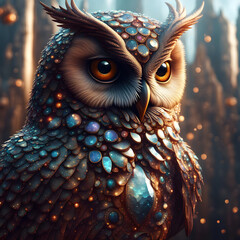 Majestic owl adorned with vibrant, magical gemstones