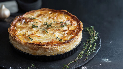 Delicious savory onion tart with fresh herbs on rustic dark background. Advertising banner for food blog post, recipes, culinary articles. Creativity image 