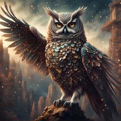 Majestic owl in a mystical forest landscape
