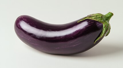 A close-up shot of a single, glossy eggplant, its deep purple skin and wrinkled surface in sharp focus, bathed in natural light, against a pristine white backdrop, emphasizing its natural beauty.