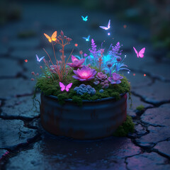 Enchanted garden with glowing flowers and butterflies