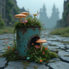 Nature reclaims path: mushrooms flourish in metal can