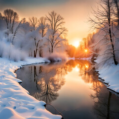 Winter sunrise over a snowy river landscape