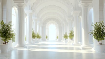 Naklejka premium Sunlit white hallway with columns and plants.