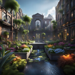 Serene garden oasis in urban courtyard, lush and vibrant