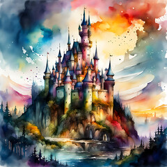 Enchanted castle amidst vibrant swirling watercolor sky
