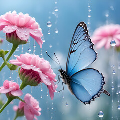 Blue butterfly resting on pink flowers in rain