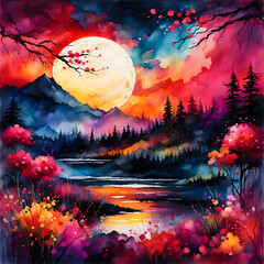 Vibrant moonlit landscape with colorful nature scene