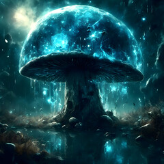 Mystical glowing mushroom in a fantasy landscape