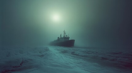 Obraz premium Emerging from the fog, a lone ship sails on icy waters under a muted, mystical green sky, evoking isolation and intrigue.