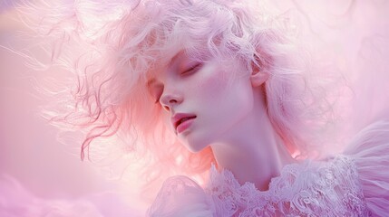 A young woman with voluminous pastel pink hair gazes serenely with closed eyes, surrounded by a soft, dreamy haze that enhances her delicate features