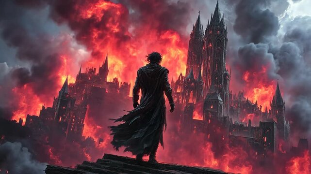 animation illustration, a wizard wearing black robe looking at burning castle, in fire flame and smoke floating 