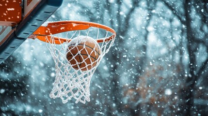 A basketball, a white sphere of triumph, arcs gracefully towards the orange net, its path illuminated by a winter sky. The scene unfolds from the ground level, showcasing the excitement of a snowy