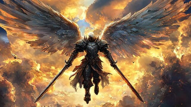an archangel holding long sword in two hands wearing plate armor flying in sky, anime painting illustration 