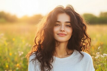 Naklejka premium Young Woman with Wavy Hair Smiling in Sunny Field at Golden Hour