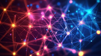 Glowing nodes and lines form a vibrant network against a dark background, creating an abstract representation of digital connections and interactions