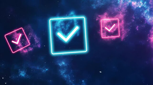 Animating success and failure checkboxes in a cosmic space background full of stars, Animating success and failure checkboxes over starry background